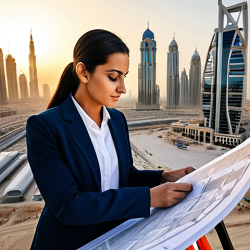 Home 18 **
"A professional female architect, fully clothed in modest business attire, reviewing blueprints on a construction site in Dubai at sunset, appropriate content, safe for work, perfect anatomy, natural proportions, professional photography, high quality."
**