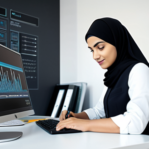 Home 9 **
"A professional data analyst, fully clothed in modest, business-casual attire, working at a clean, modern office desk with a computer displaying data visualizations. Arabic script elements subtly incorporated in the background. Safe for work, appropriate content, perfect anatomy, natural pose, high-quality rendering."
**