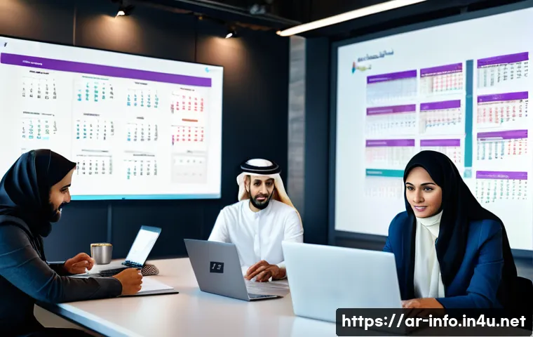 정보처리기사 취득 후 IT 프로젝트 관리 경험담 - A professional Middle Eastern tech team collaborating in a modern office environment, diverse men an...