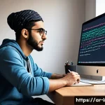 Home 23 정보처리 실기 시험에서 요구되는 코딩 스킬 - A detailed digital illustration of an Arab young adult male programmer sitting at a modern desk in a...