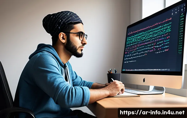 정보처리 실기 시험에서 요구되는 코딩 스킬 - A detailed digital illustration of an Arab young adult male programmer sitting at a modern desk in a...
