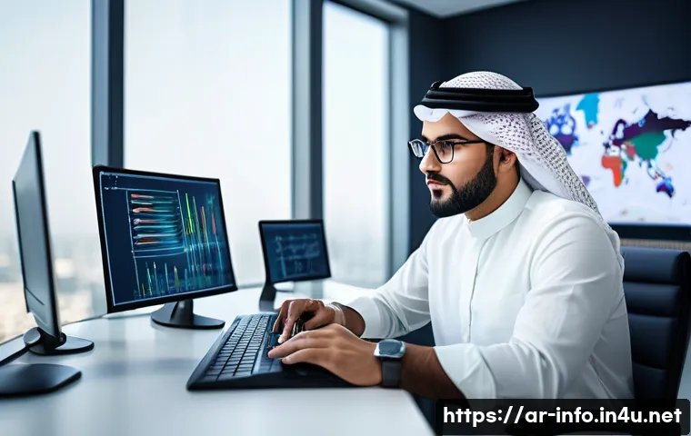 정보처리기사 취득이 IT 업계에서 중요한 이유 - A professional Arab male IT engineer in a modern office setting, wearing smart casual attire and gla...
