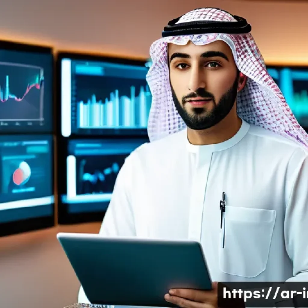 정보처리기사 취득 후 커리어 확장 성공 사례 - A professional Arab man in his late 20s, wearing smart casual attire with a laptop and digital table...