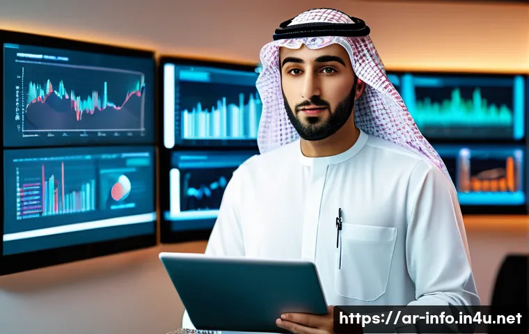 정보처리기사 취득 후 커리어 확장 성공 사례 - A professional Arab man in his late 20s, wearing smart casual attire with a laptop and digital table...