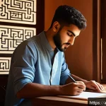 Home 21 정보처리 실기 시험 대비 효율적 시간 관리법 - A focused young Arab male student studying in a traditional Middle Eastern home setting, sitting at ...