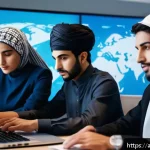 Home 20 정보처리 실기 시험과 IT 실무 능력의 상관관계 - A detailed scene showing a diverse group of young Arab IT professionals working collaboratively in a...