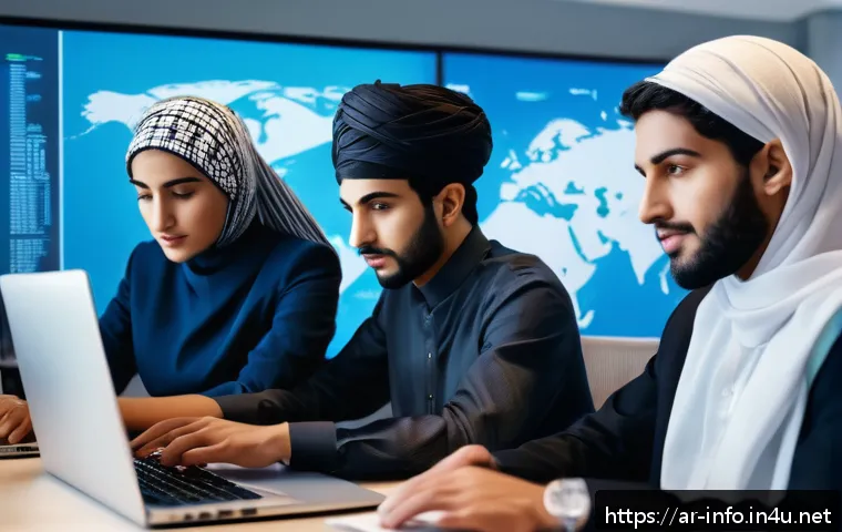 정보처리 실기 시험과 IT 실무 능력의 상관관계 - A detailed scene showing a diverse group of young Arab IT professionals working collaboratively in a...