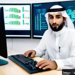 Home 18 정보처리 자격증을 활용한 IT 직군별 이직 팁 - A professional Saudi Arabian office environment showing a confident young Arab man wearing business ...