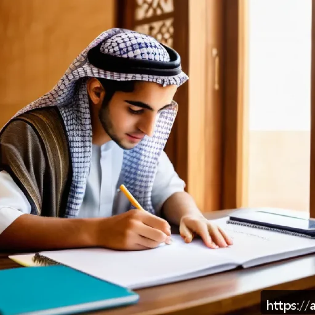 정보처리 실기 시험에서 많이 실수하는 영역 - A focused young Arab student sitting at a traditional wooden desk in a bright, modern study room dec...