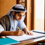 Home 23 정보처리 실기 시험에서 많이 실수하는 영역 - A focused young Arab student sitting at a traditional wooden desk in a bright, modern study room dec...