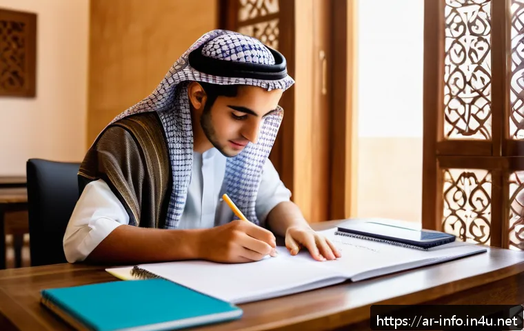 정보처리 실기 시험에서 많이 실수하는 영역 - A focused young Arab student sitting at a traditional wooden desk in a bright, modern study room dec...