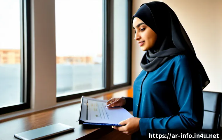 정보처리 자격증 취득 후 커리어 개발 방향 - Photorealistic career development scene in a modern Gulf-region office, a confident Arab woman in mo...