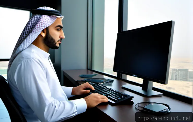 현업에서 요구되는 정보처리 실무 능력 - Photorealistic modern information technology workplace in an Arab Gulf city, a skilled Arab professi...